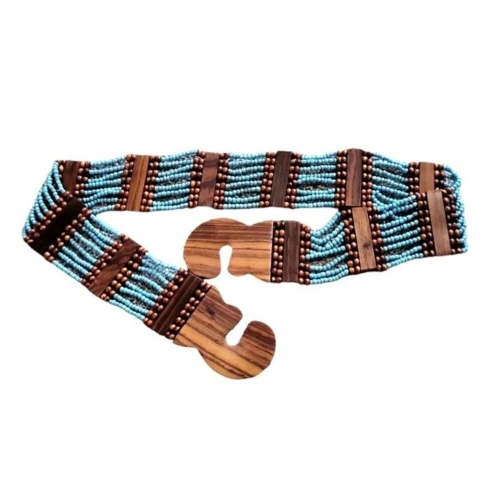 EUC women's blue & brown beaded boho Bohemian belts, 32.5